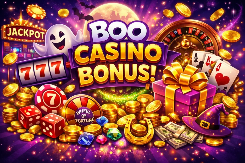 Boo Casino bonus banner with purple neon background, gold coins, roulette wheel, slot 777, playing cards and casino gift box