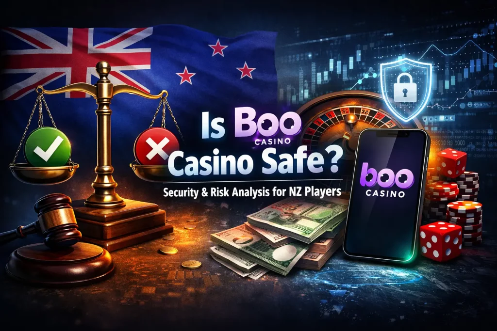 Is Boo Casino safe illustration with security shield, NZ flag, scales of justice and secure online casino gameplay concept
