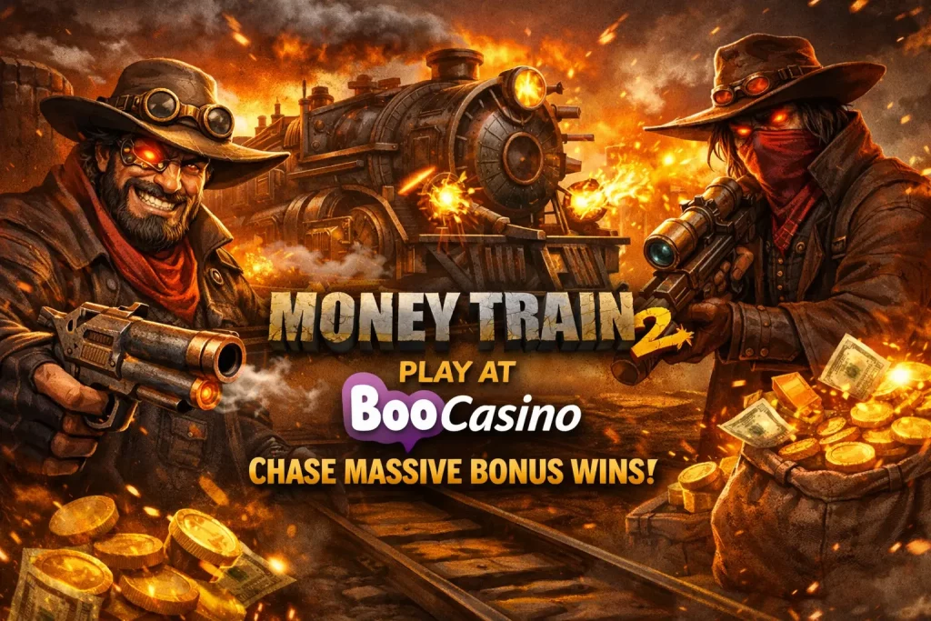 Money Train 2 slot banner at Boo Casino featuring a steampunk train, Wild West characters, glowing coins, and explosive bonus action