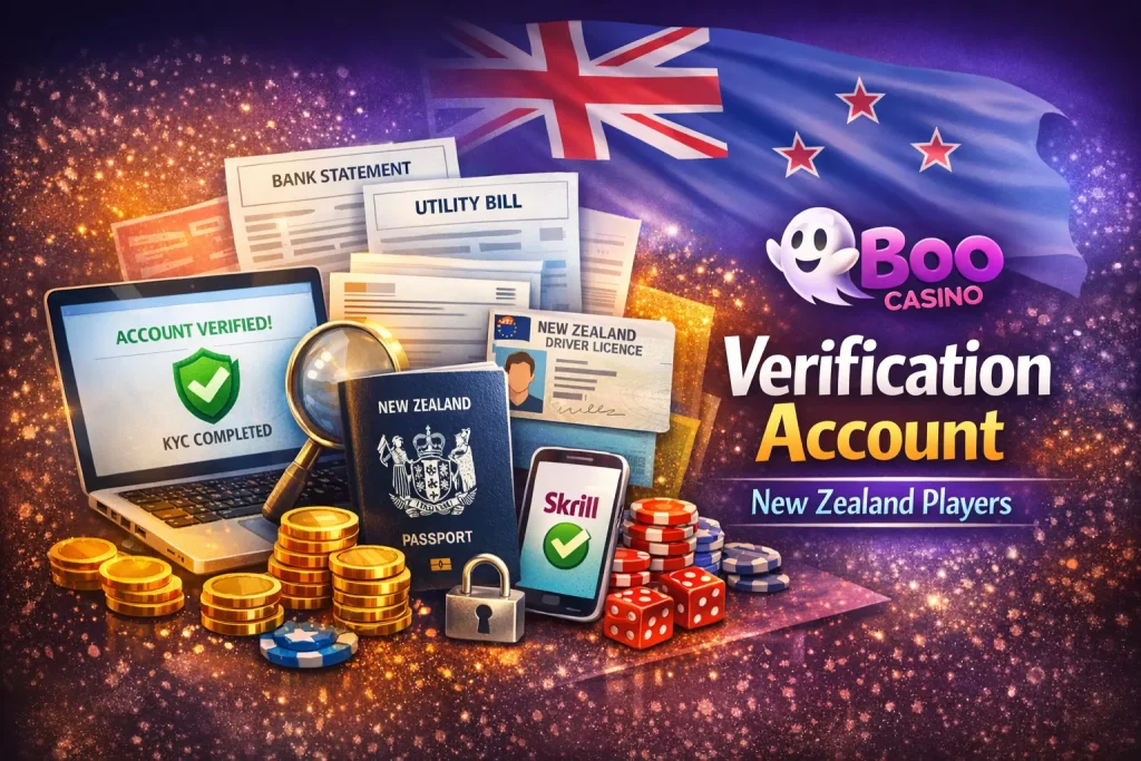 Account verification at Boo Casino with passport, driver licence, bank statement and secure KYC process for New Zealand players