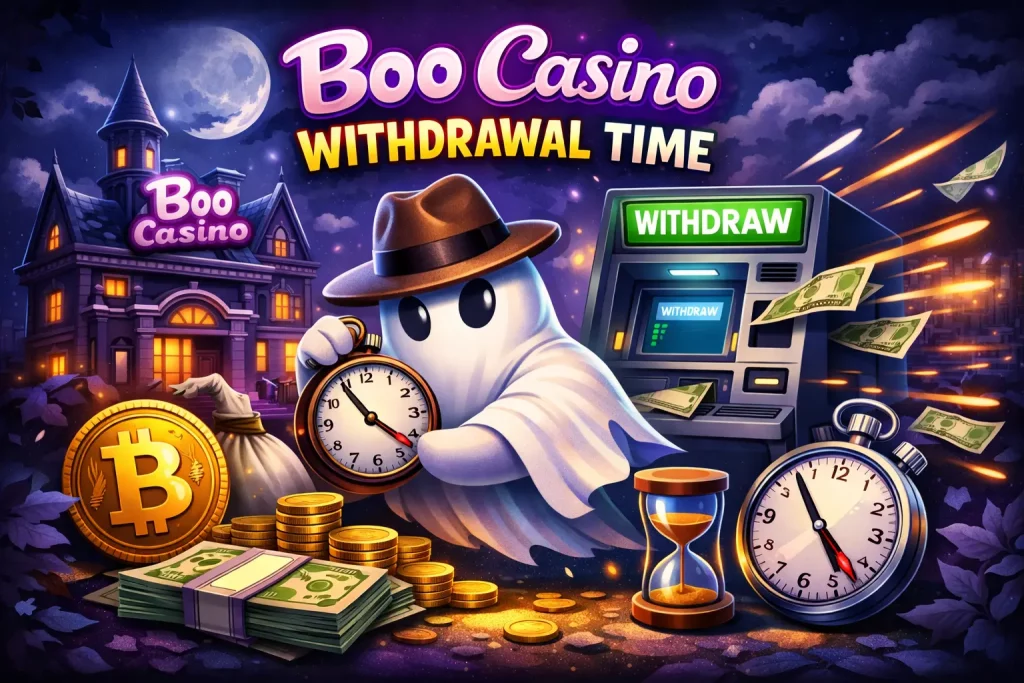 Boo Casino withdrawal time banner showing ghost character with clocks, ATM, crypto coin and cash illustrating payout speed and processing time