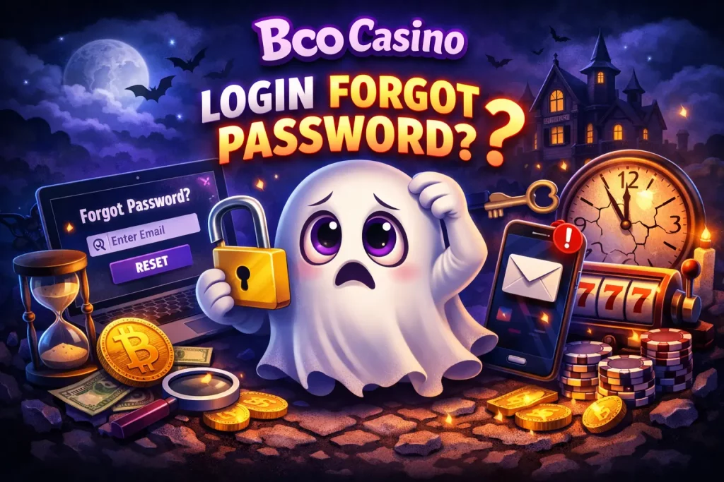 Boo Casino login forgot password banner showing account recovery concept with laptop, email reset, security lock and user access restoration