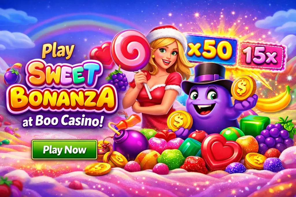 Sweet Bonanza casino banner with colorful candies, multipliers, coins, and Play Now button at Boo Casino