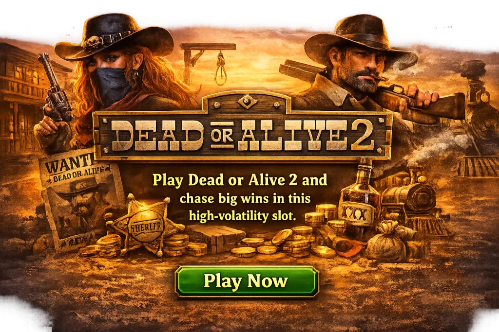 Dead or Alive 2 slot banner with Wild West theme, outlaws, gold coins, sheriff badge and Play Now button for high volatility gameplay