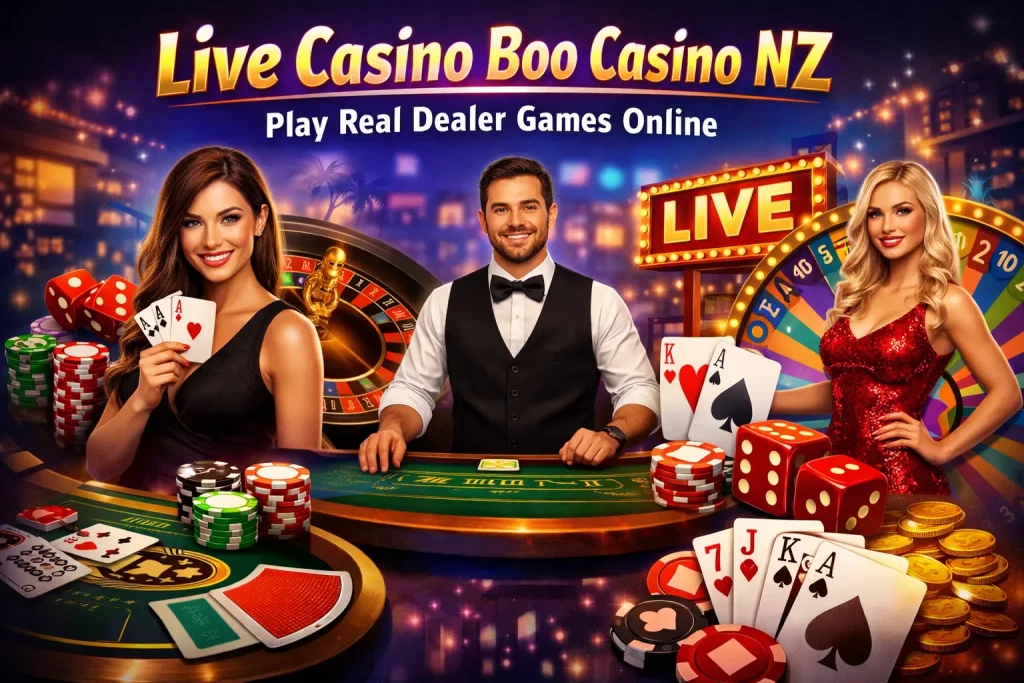 Boo Casino live casino banner with real dealers, roulette, blackjack table, chips, and online gameplay for New Zealand players