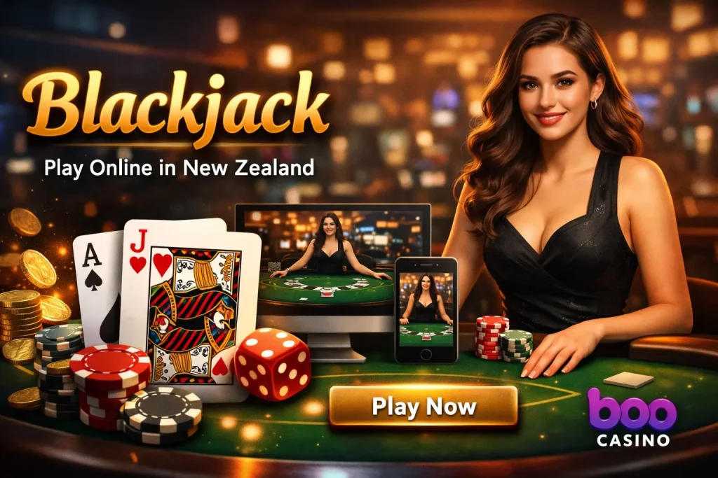 Blackjack online at Boo Casino with live dealer, cards, chips and mobile gameplay for New Zealand players