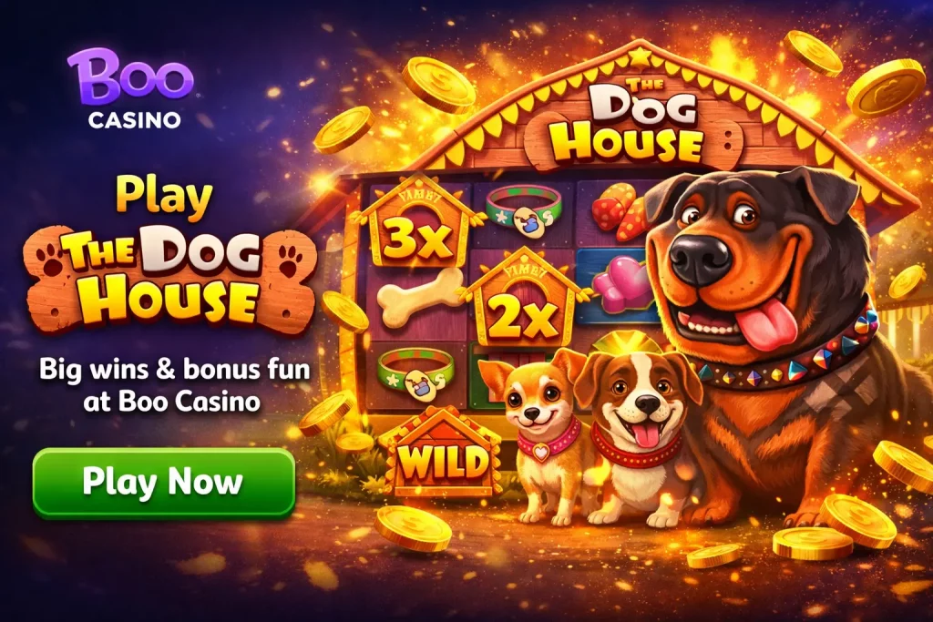 The Dog House slot gameplay at Boo Casino with colorful dogs, sticky wild symbols, and bonus feature in action