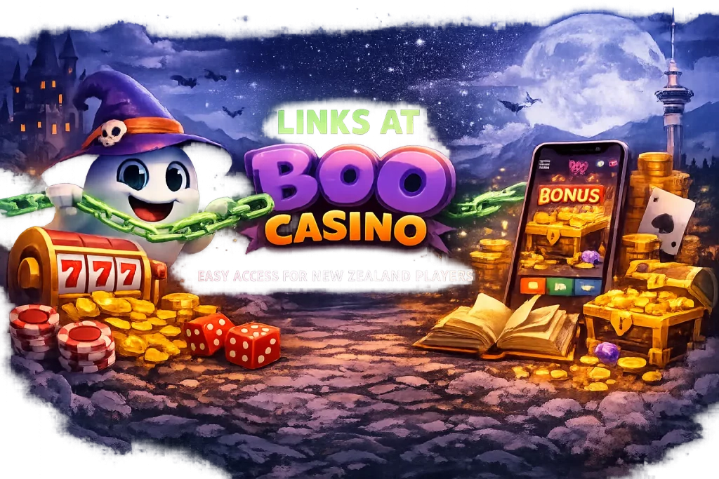 Links at Boo Casino banner with ghost mascot, slot machine, gold coins, mobile casino app and New Zealand skyline under night sky