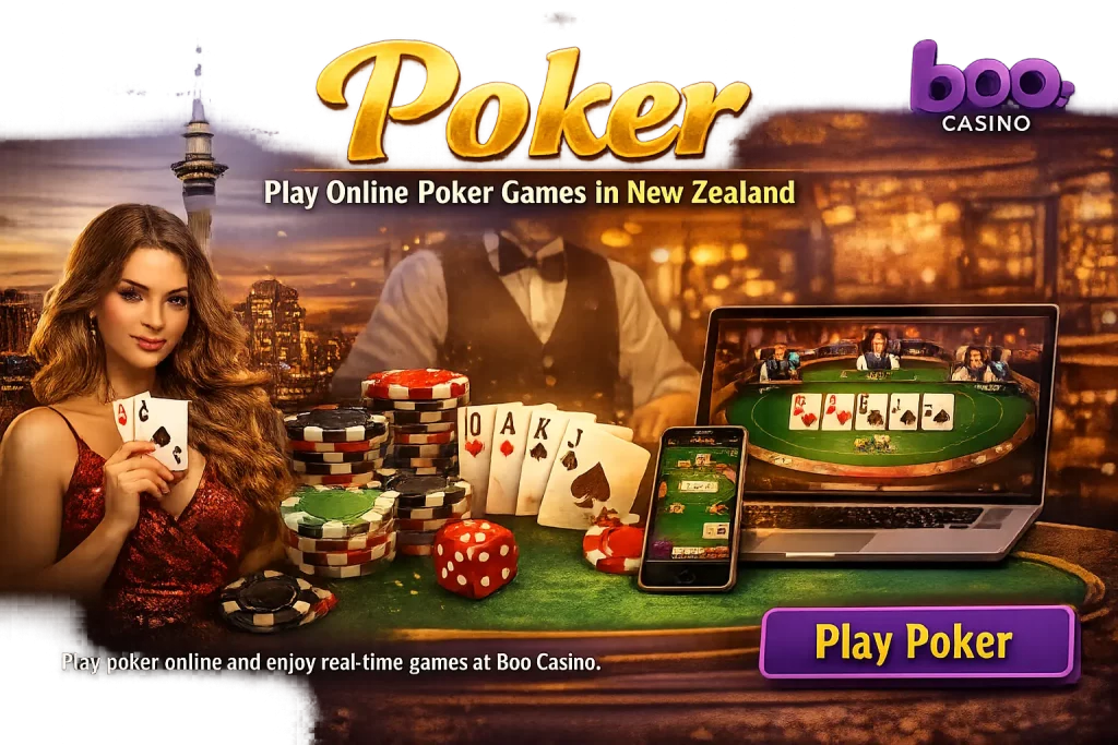 Boo Casino poker banner featuring cards, chips, live poker table, and online gameplay for New Zealand players