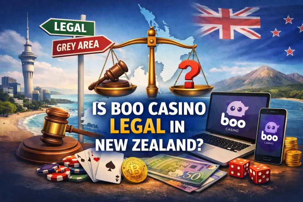Is Boo Casino legal in New Zealand concept with scales of justice, NZ flag, gambling elements and online casino access illustration