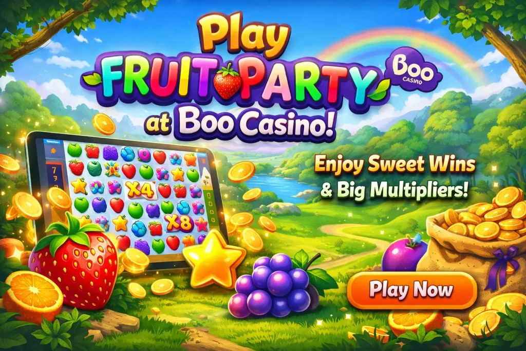 Fruit Party slot banner at Boo Casino featuring colorful fruits, cluster wins, cascading symbols, and bright multiplier effects