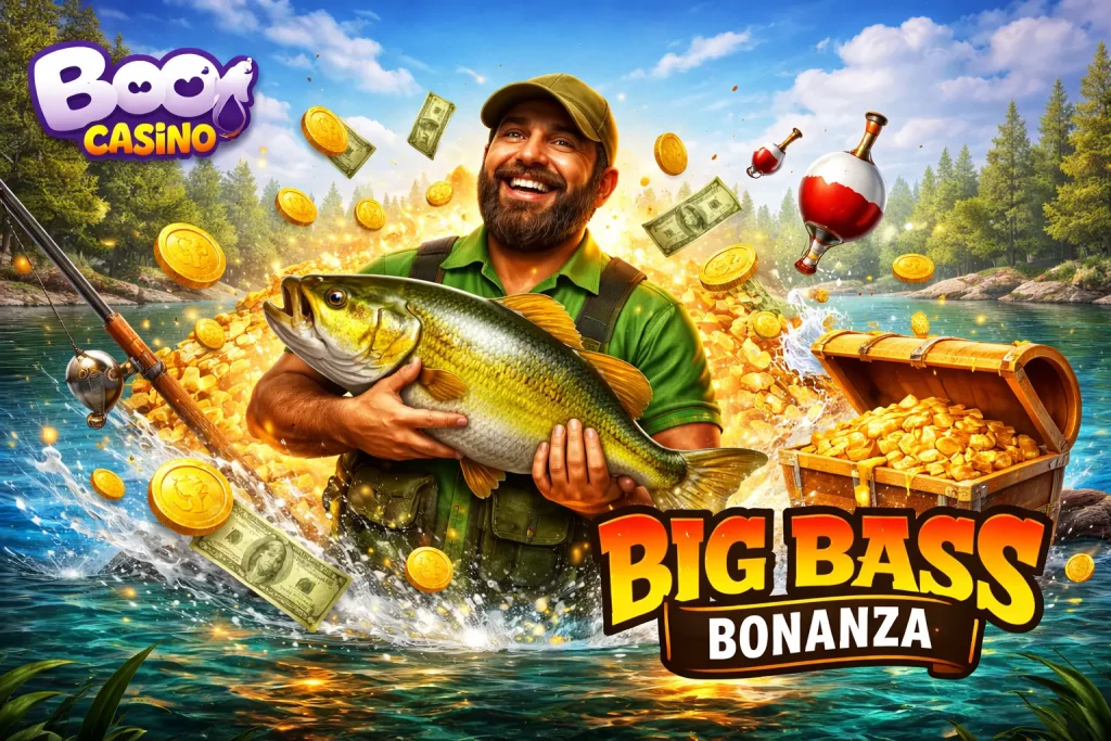 Big Bass Bonanza Boo Casino banner with fisherman holding a large fish, surrounded by gold coins, cash, and treasure chest on a lake background