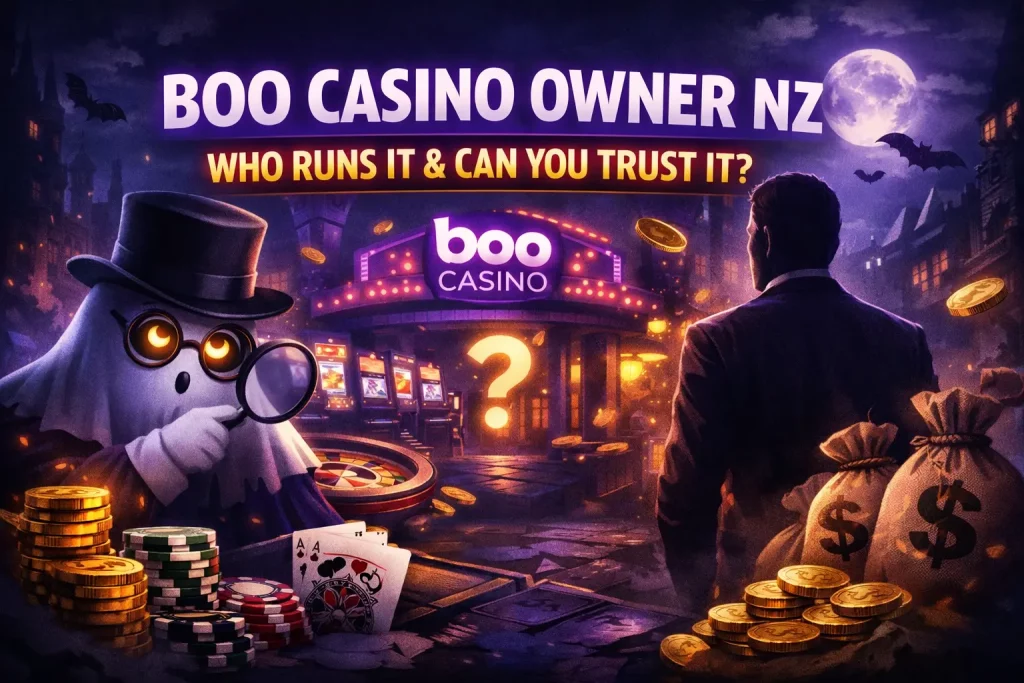 Boo Casino owner NZ banner showing investigation concept with casino building, ghost detective, money bags and question about trust and ownership