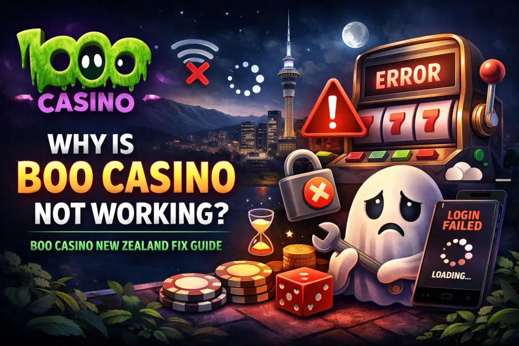 Boo Casino not working illustration with error slot machine, login failure screen and frustrated ghost in New Zealand city background