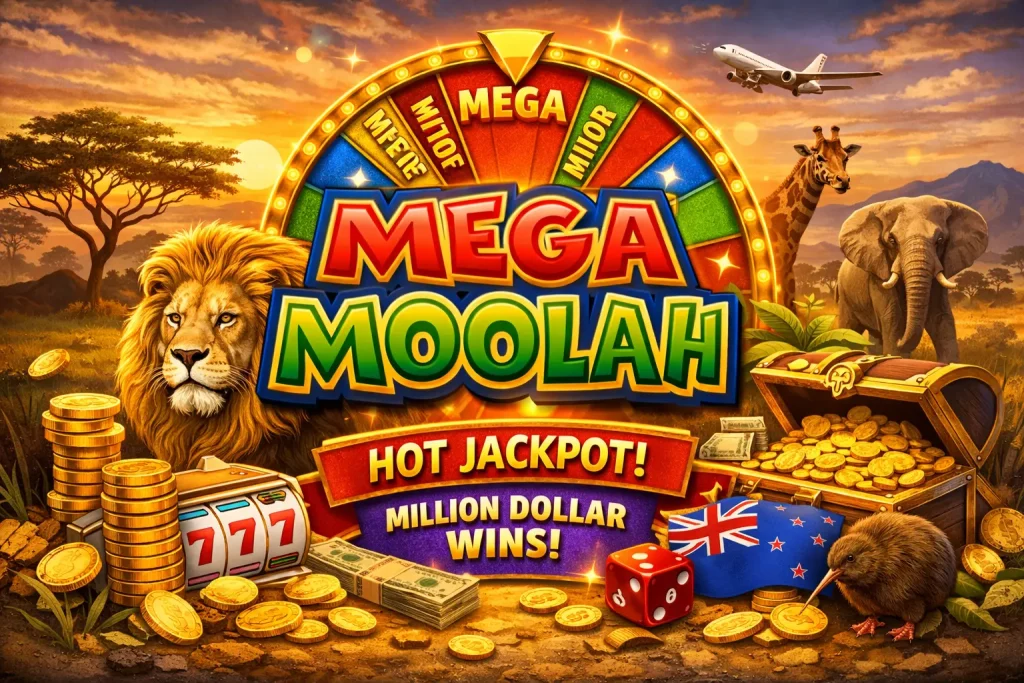 Mega Moolah slot illustration with safari theme, spinning reels, and progressive jackpot concept for Boo Casino New Zealand