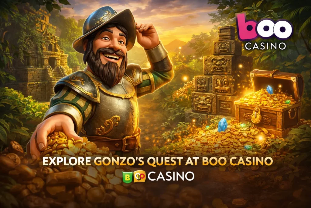 Gonzo’s Quest Boo Casino banner featuring an adventurous explorer in a jungle temple surrounded by gold treasure and ancient ruins