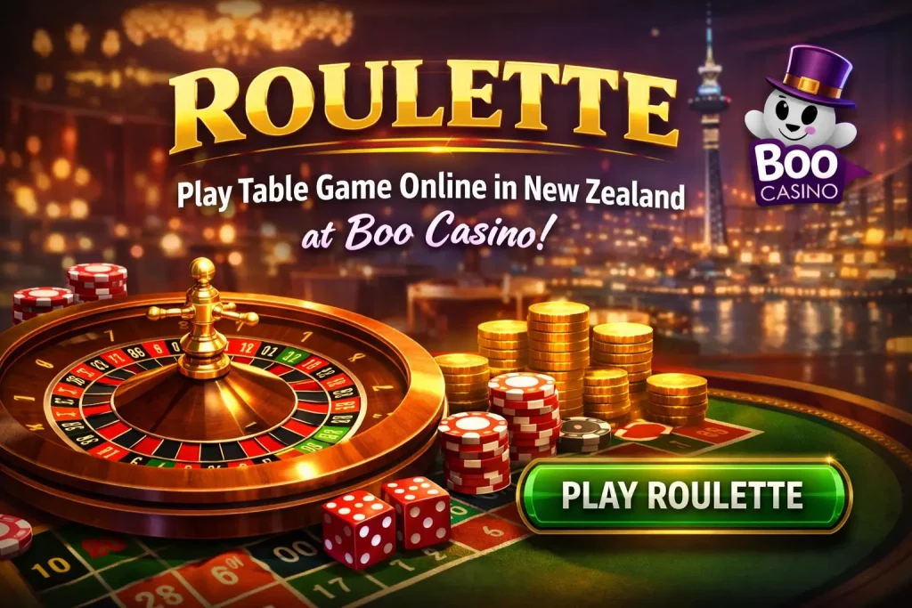 Roulette online banner with spinning wheel, casino chips, gold coins and Play Roulette button for New Zealand players at Boo Casino