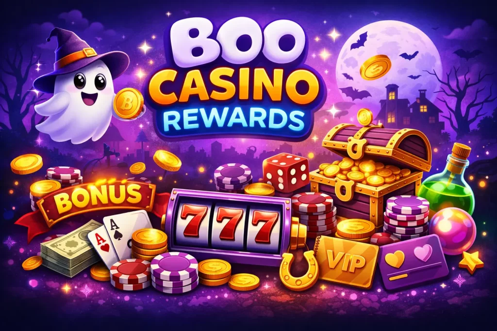 Boo Casino rewards banner with free spins bonus, slot machine 777, coins and ghost character in colorful casino theme