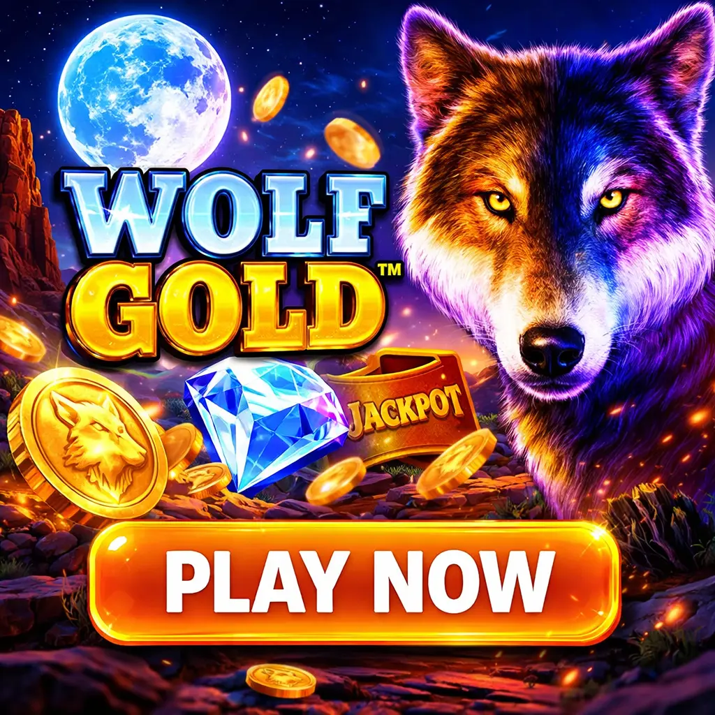 Wolf Gold slot banner with a glowing wolf, full moon, gold coins, and a Play Now button promoting Boo Casino gameplay