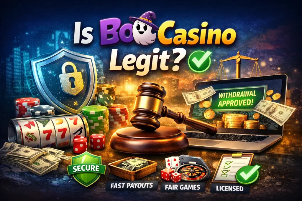 Is Boo Casino legit illustration with security shield, approved withdrawal, license check and safe online casino features for New Zealand players