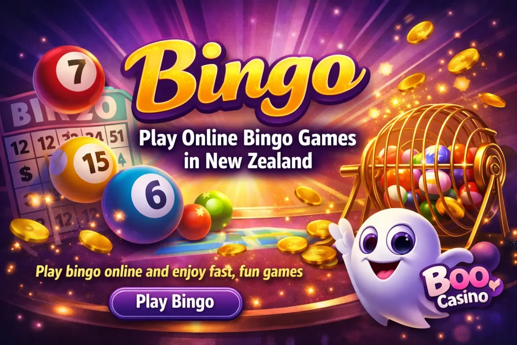 Boo Casino bingo banner with colorful balls, cards, and online bingo gameplay for New Zealand players