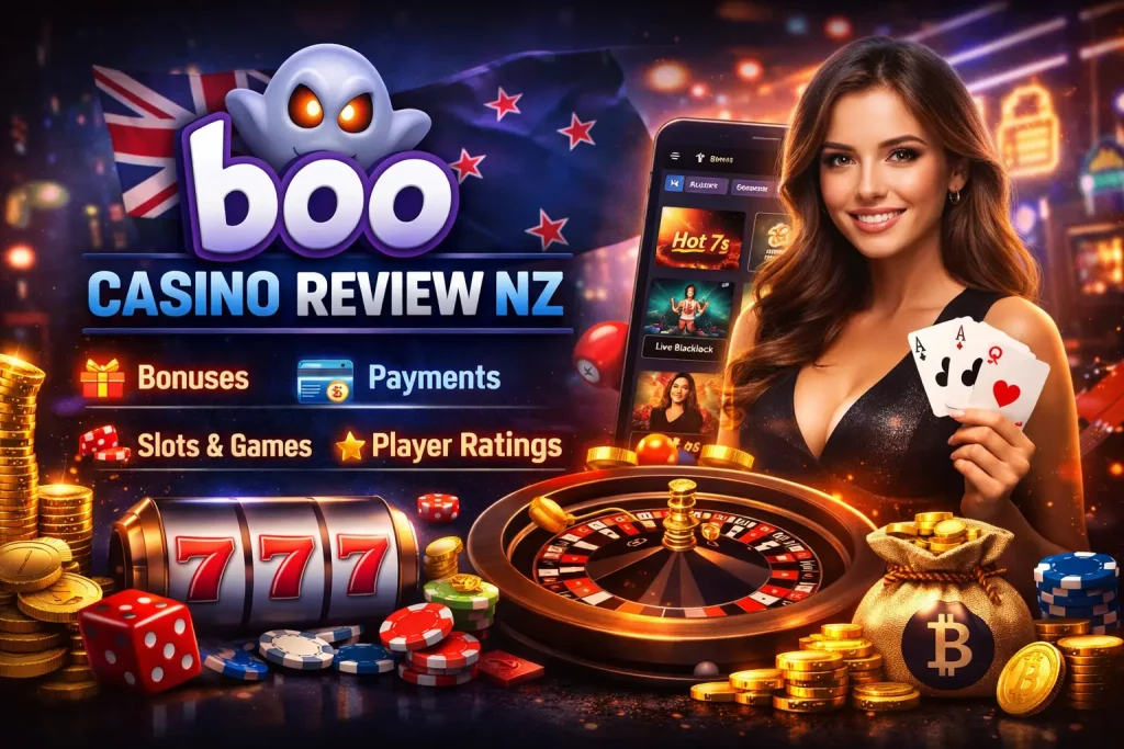 Boo Casino review NZ banner with slots, roulette, mobile casino app, bonuses, payments and player ratings for New Zealand players