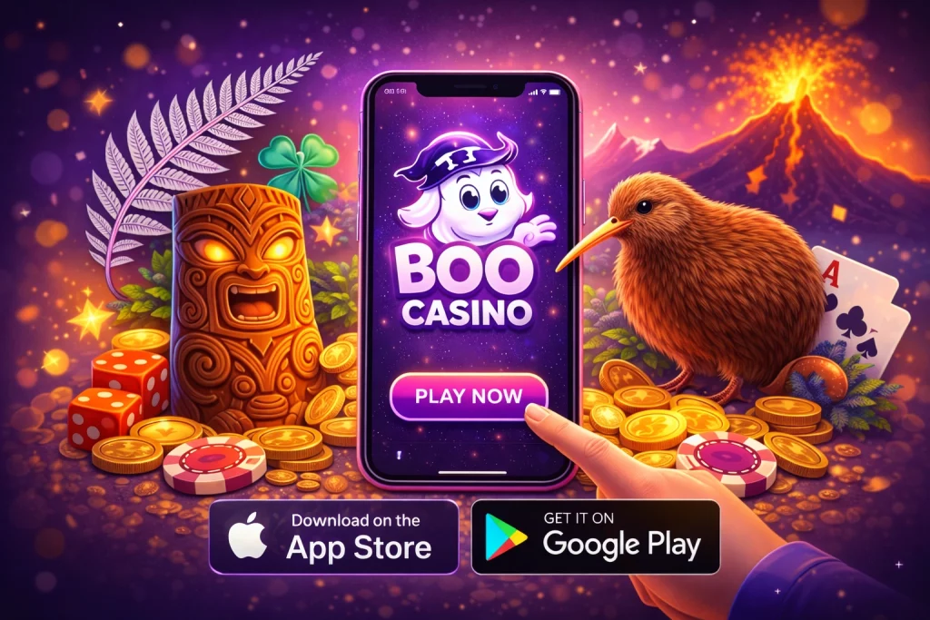 Boo Casino app banner with kiwi bird, coins, and casino icons