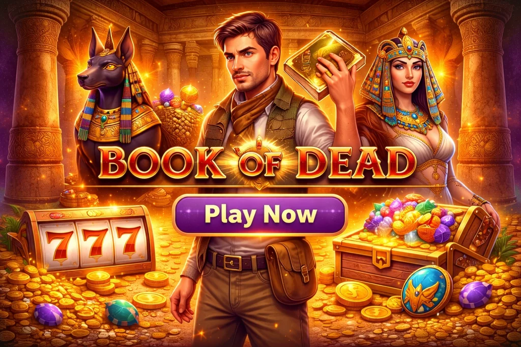 Book of Dead slot banner featuring Rich Wilde, Egyptian motifs, and symbols like the Book of Dead, all set in an ancient tomb environment