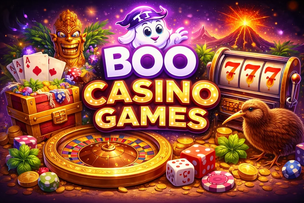 Boo Casino games banner with roulette, slot machine, coins, and kiwi bird
