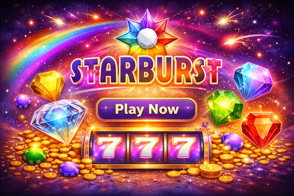 Starburst slot game banner with vibrant colors, cosmic elements, and the iconic Starburst symbol, representing a fun and colorful gaming experience at Boo Casino